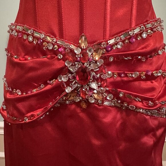 Women 6 Long Red Satin Beaded Formal Dress Evening Gown Strapless Glam Prom Gala - Picture 6 of 14